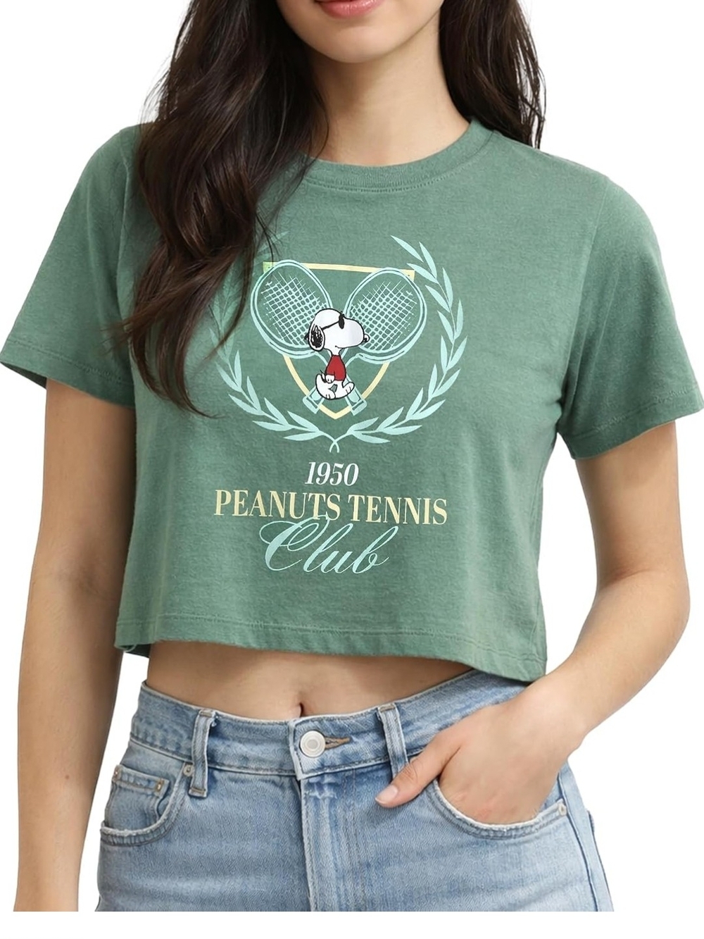 Peanuts Crop Tee in Soft Green with Snoopy Tennis Graphic